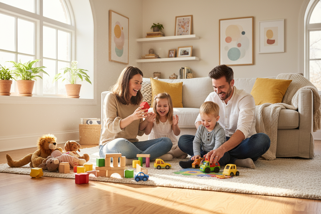 parents playing with kinds with toys